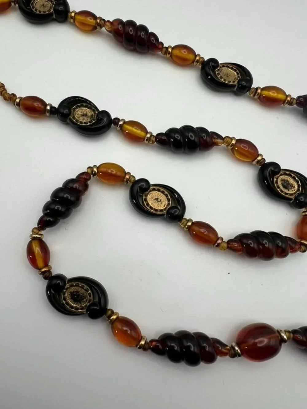 Vintage Art Glass Bead Necklace Amber Black Gold Medallion Lampwork Style
